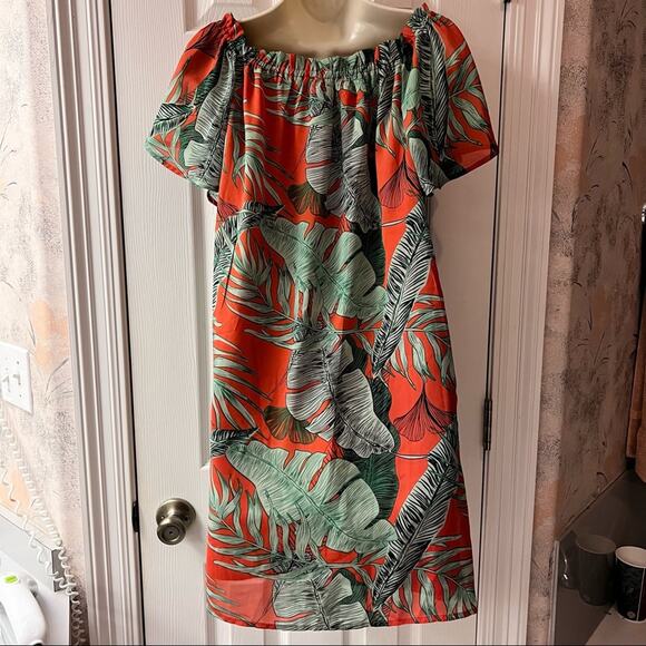 Davi & Dani Tropical Print Off Shoulder Lined Dress With Side Pockets Size S - Picture 5 of 9